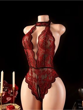 Macy's Red Scalloped Lace Halter Teddy